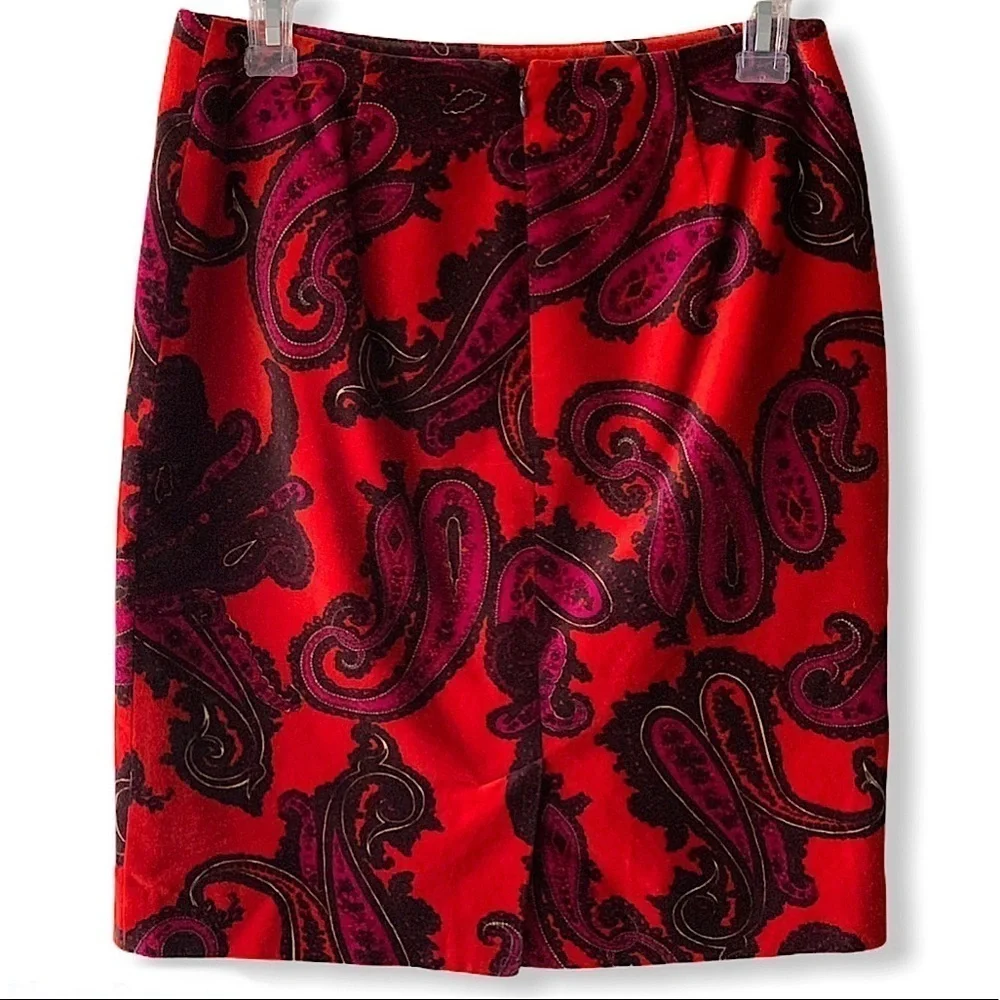 TALBOTS Petites Red Velvet Paisley Print Pencil Skirt Size 2P
